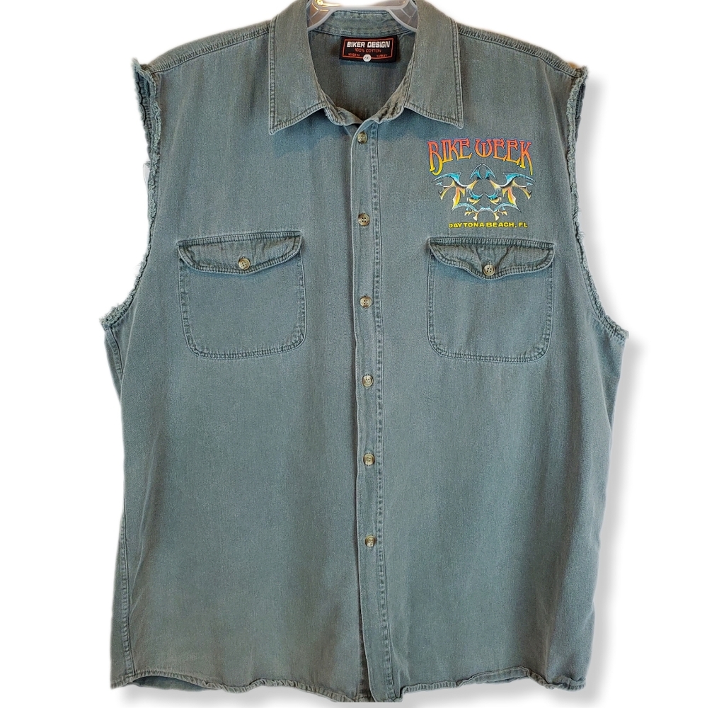 VTG 2001 Daytona BIKE WEEK Sleeveless Denim Button Up Shirt 2XL Motorcycle Biker